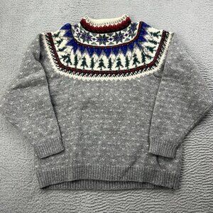 Vintage Eddie Bauer Wool Grey Blue Green Red Tree Mock Neck Sweater Size Large